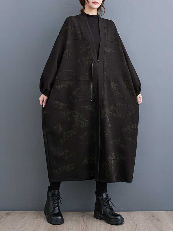 xakxx Long Sleeves Loose Printed Collarless Trench Coats