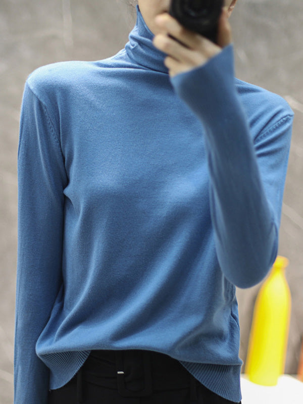 xakxx Solid Color Heaps Collar Long Sleeve Knitwear Tops