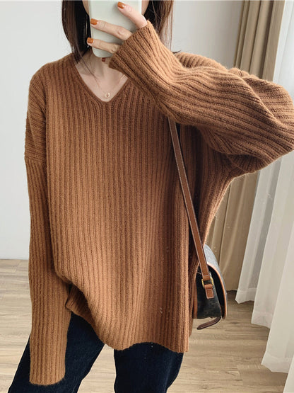 xakxx Casual Long Sleeves Loose Solid Color V-Neck Sweater Tops