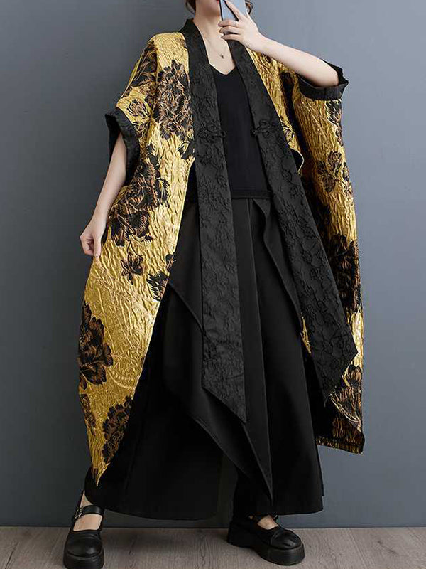 xakxx Batwing Sleeves Loose Flower-Embellished Chinese Frog Buttons Pleated Split-Joint V-Neck Outerwear