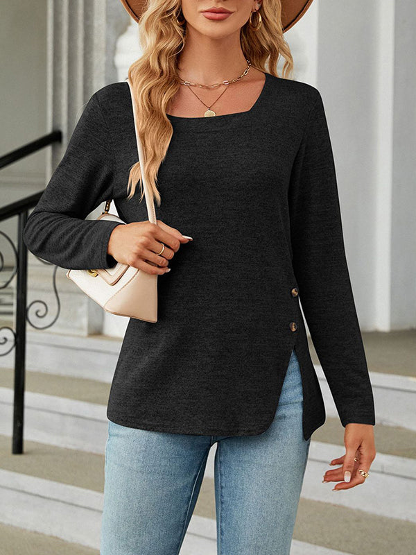 xakxx Long Sleeves Loose Asymmetric Buttoned Solid Color Split-Side Square-Neck T-Shirts Tops