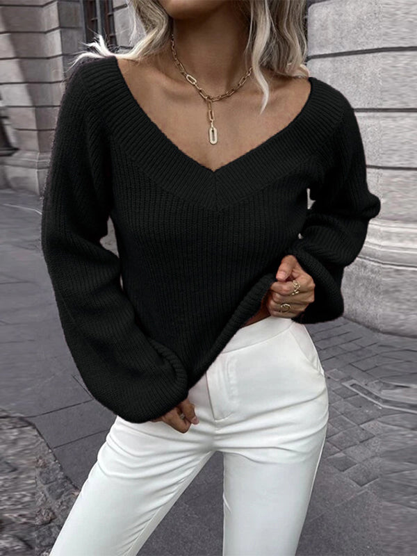 xakxx Casual Long Sleeves Loose Solid Color V-Neck Sweater Tops