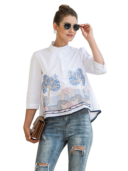 xakxx Casual Three-Quarter Sleeves Loose Embroidered Stand Collar Blouses&Shirts Tops