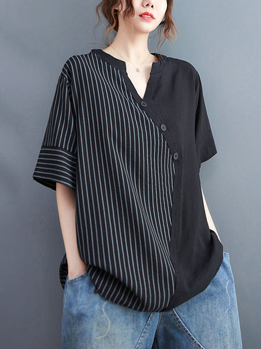 xakxx Simple Loose Asymmetric Striped V-Neck Blouse