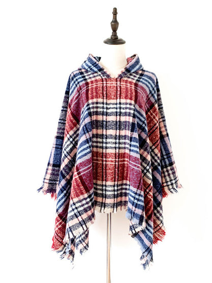 xakxx Fringed Hooded Keep Warm Plaid Cape Shawl&Cloak