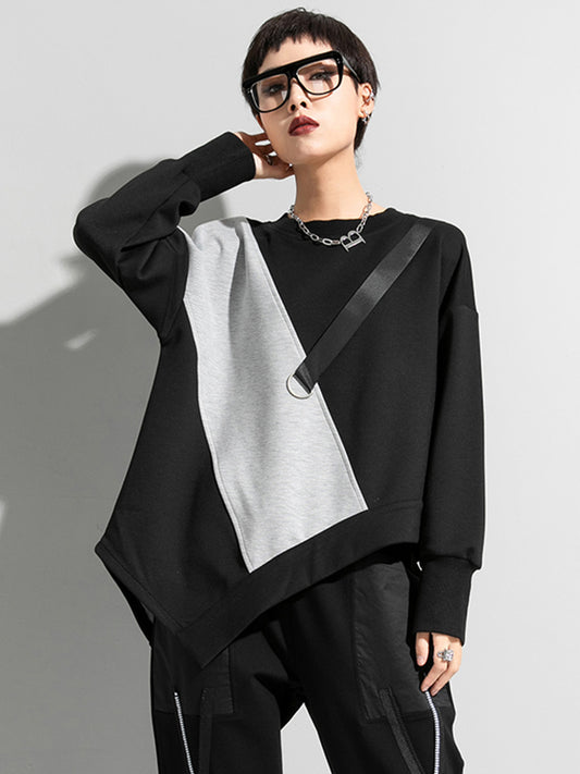 xakxx Stylish Black&Gray Asymmetric Contrast Color Long Sleeves Round-Neck T-Shirt