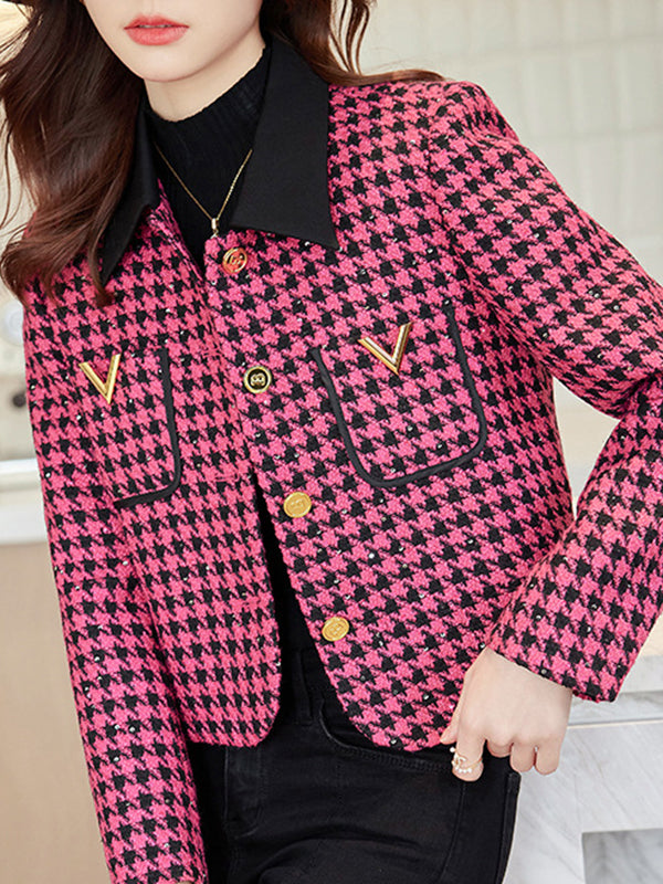 xakxx Long Sleeves Plus Size Buttoned Houndstooth Pockets Split-Joint Lapel Outerwear