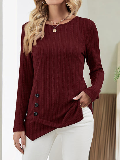 xakxx Long Sleeves Loose Asymmetric Buttoned Round-Neck T-Shirts Tops