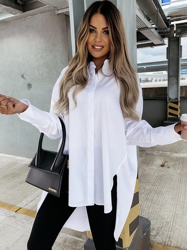 xakxx Urban Long Sleeves High-Low Solid Color Lapel Collar Blouses