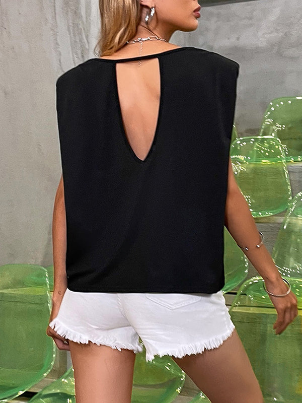 xakxx Loose Sleeveless Hollow Shoulder Pad Solid Color Round-Neck T-Shirts Tops