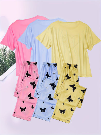 3-Pack Womens Heart Print Pajama Set - Soft Short Sleeve Crew Neck Tops & Elastic Waist Pants for Cozy Sleepwear & Lounging