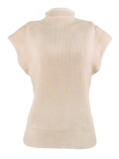 xakxx Casual Cap Sleeve Solid Color High-Neck Sweater Tops Pullovers