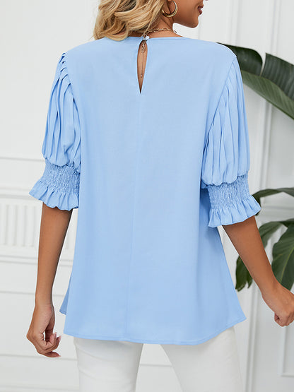 xakxx Loose Puff Sleeves Pleated Solid Color Round-Neck T-Shirts Tops