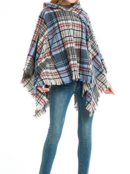 xakxx Fringed Hooded Keep Warm Plaid Cape Shawl&Cloak