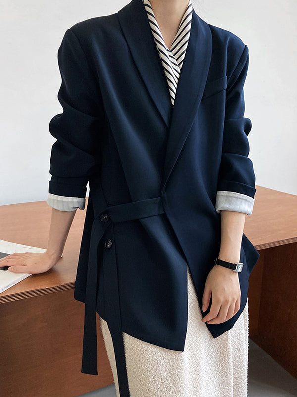 xakxx Long Sleeves Loose Asymmetric Buttoned Pockets Solid Color Tied V-Neck Blazer Outerwear