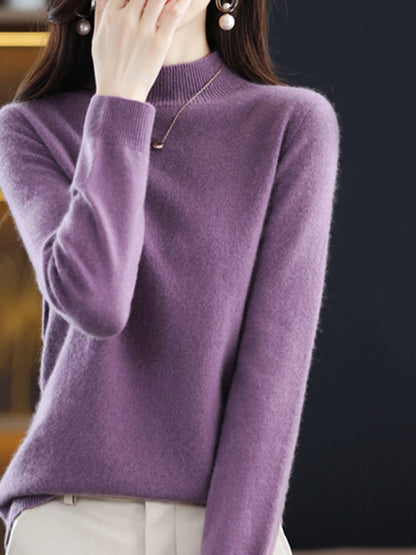 xakxx Office Long Sleeves Solid Color High-Neck Sweater Tops Pullovers