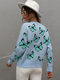 xakxx Original Long Sleeves Loose Butterfly Print Contrast Color Round-Neck Sweater Tops