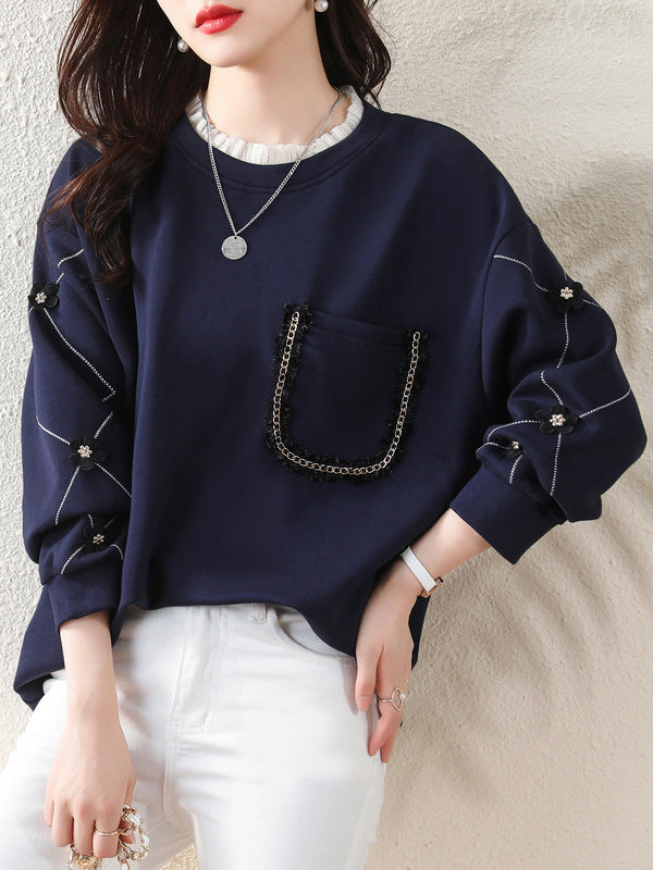 xakxx Long Sleeves Loose Chains Pockets Ruffled Split-Joint Three-Dimensional Flower Round-Neck T-Shirts Tops