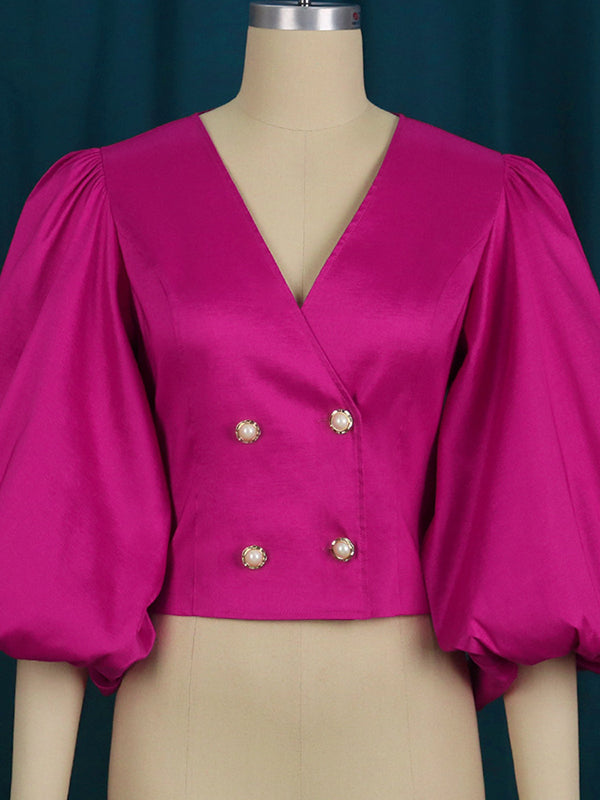 xakxx Stylish V-Neck Puff Sleeves Fuchsia Blouse