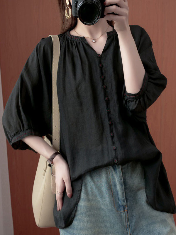 xakxx Simple Casual Solid Buttoned Pleated Blouse