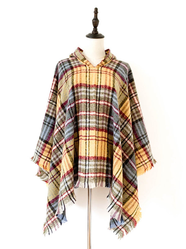 xakxx Fringed Hooded Keep Warm Plaid Cape Shawl&Cloak