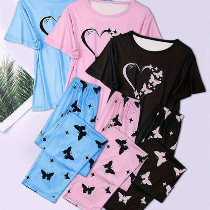 3-Pack Womens Heart Print Pajama Set - Soft Short Sleeve Crew Neck Tops & Elastic Waist Pants for Cozy Sleepwear & Lounging