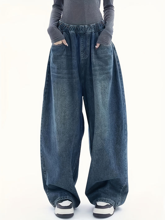 Fashion-Forward Womens Wide Leg Denim Jeans - Elastic Comfort Waistband, Relaxed Fit, Trendy Slash Pockets, Distressed Washed Blue with Whiskers - Hip Pop Street Style Pants for Effortless Chic