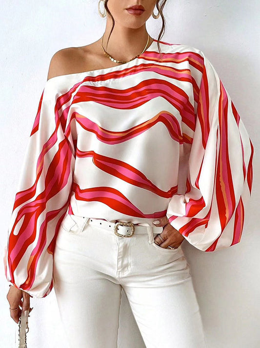 xakxx Long Sleeves Loose Asymmetric Striped One-Shoulder Blouses&Shirts Tops