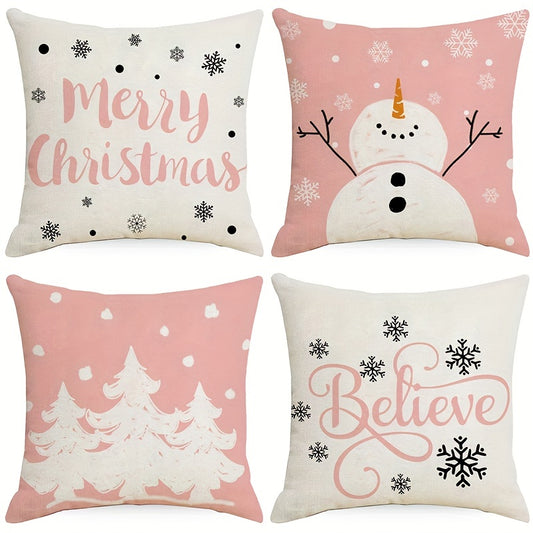 1pc Vibrant Christmas Cartoon Linen Blend Throw Pillow Case, Colorful Square Cushion Cover for Living Room Bedroom Couch Sofa, Single-Sided Printed Decorative Pillowcase with No Pillow Insert