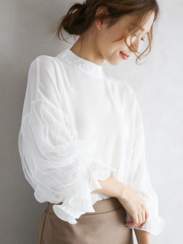 xakxx Simple Solid Color Puff Sleeve Mesh Splicing Chiffon Shirt