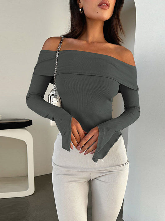 xakxx Irregular Clipping Long Sleeves Solid Color Off-The-Shoulder T-Shirts