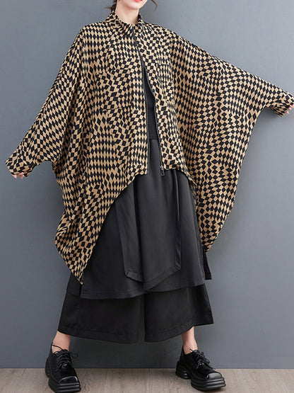 xakxx High-Low Loose Plaid Zipper Stand Collar Outerwear