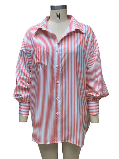 xakxx Urban Loose Striped Lapel Collar Blouses&Shirts Tops