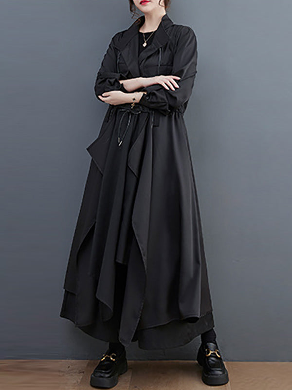 xakxx Loose Long Sleeves Drawstring Split-Joint Lapel Trench Coats