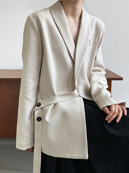 xakxx Long Sleeves Loose Asymmetric Buttoned Pockets Solid Color Tied V-Neck Blazer Outerwear