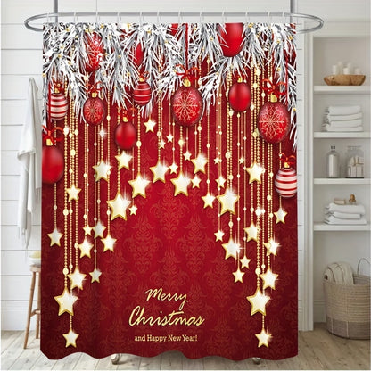 1/3/4pcs Red Background Christmas Style Bathroom Shower Curtain Four-piece Set, Decoration Curtain With 12 Hooks, Toilet Three-piece Set, Non-Slip Bathroom Rug, Toilet U-Shape Mat, Toilet Lid Cover Pad