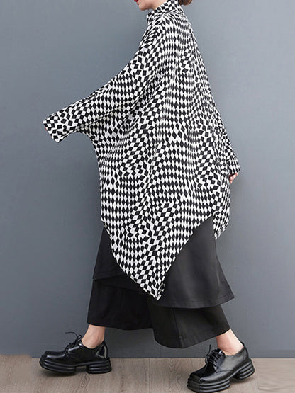 xakxx High-Low Loose Plaid Zipper Stand Collar Outerwear