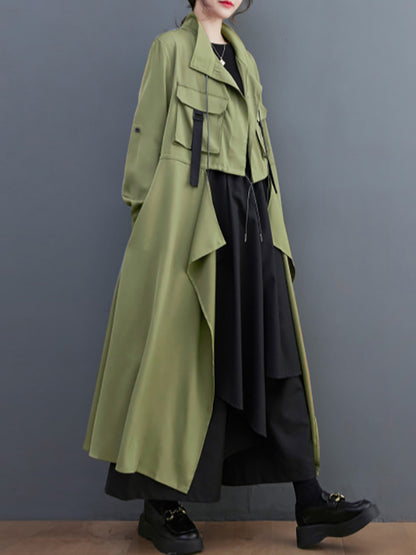 xakxx Loose Long Sleeves Drawstring Split-Joint Lapel Trench Coats