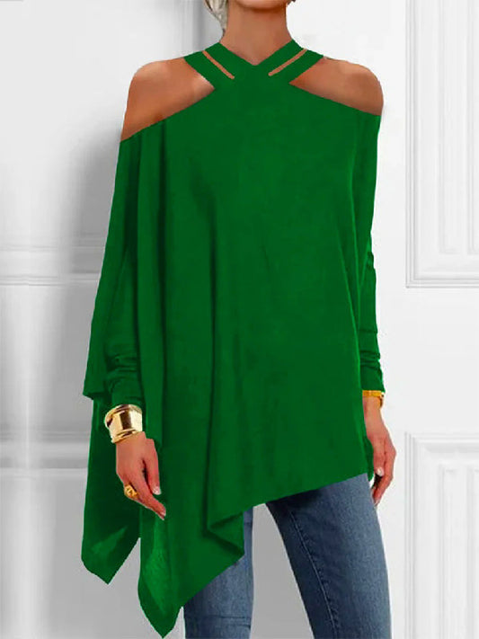 Xakxx - Loose Asymmetric Hollow Solid Color Cold Shoulder Blouses&Shirts Tops