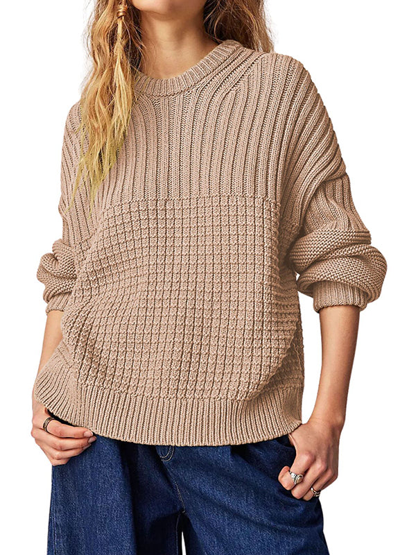 xakxx Long Sleeves Loose Solid Color Round-Neck Pullovers Sweater Tops