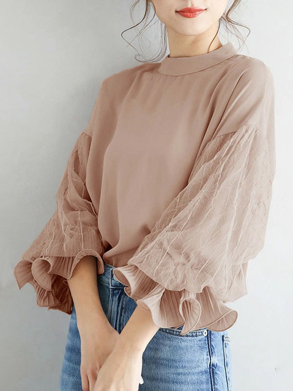 xakxx Simple Solid Color Puff Sleeve Mesh Splicing Chiffon Shirt