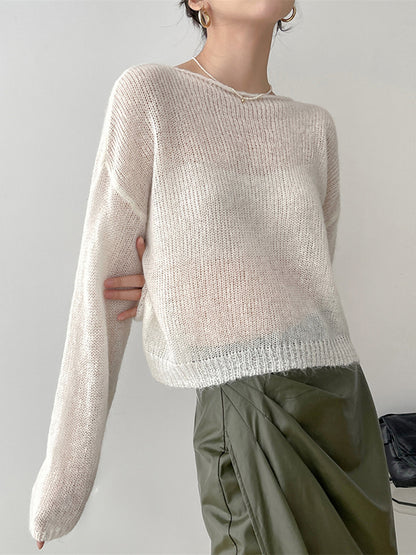 xakxx Gentle Mohair Knitted Loose Long Sleeves Solid Color Thin Sweater Tops