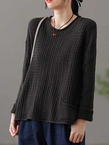 xakxx Artistic Retro Loose Long Sleeves Jacquard Solid Color Round-Neck Sweater Tops