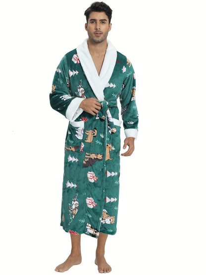 Men's Christmas Gift & Animal Print Flannel Bathrobe, Casual Morning Gown Comfy Home Clothes, Holiday Gift