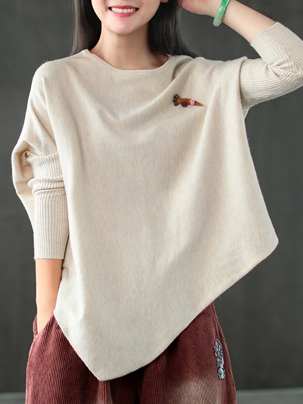 xakxx Simple Loose Long Sleeves Solid Color Round-Neck Sweater Tops