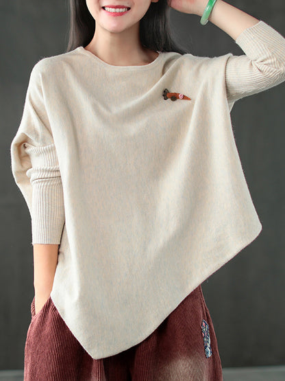 xakxx Simple Loose Long Sleeves Solid Color Round-Neck Sweater Tops