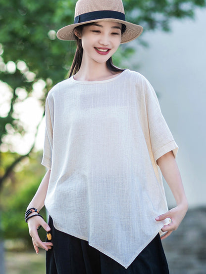 xakxx Artistic Retro Loose Linen Asymmetric T-Shirt Top