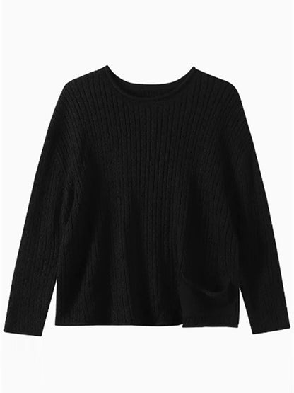 xakxx Artistic Retro Loose Long Sleeves Jacquard Solid Color Round-Neck Sweater Tops