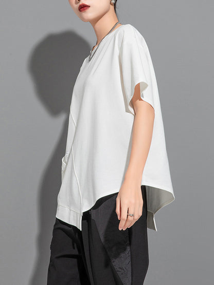 xakxx Loose Short Sleeves Asymmetric Solid Color Split-Joint Round-Neck T-Shirts Tops