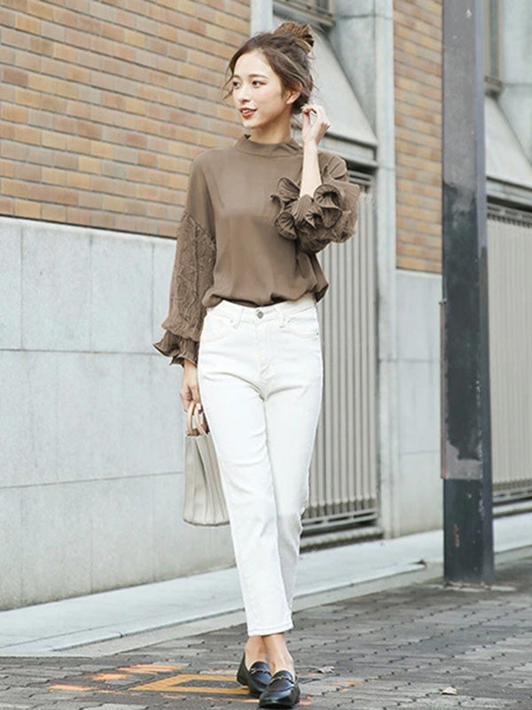 xakxx Simple Solid Color Puff Sleeve Mesh Splicing Chiffon Shirt